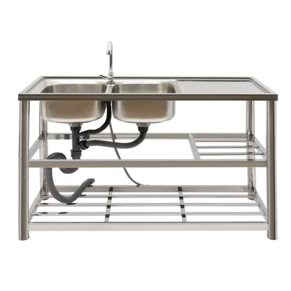 Free Standing Stainless-Steel Double Bowl Commercial Restaurant Kitchen Sink Set w/Faucet & Drainboard Prep & Utility Washing Hand Basin