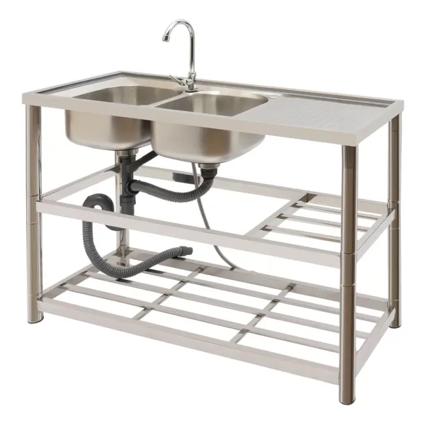 Free Standing Stainless-Steel Double Bowl Commercial Restaurant Kitchen Sink Set w/Faucet & Drainboard Prep & Utility Washing Hand Basin