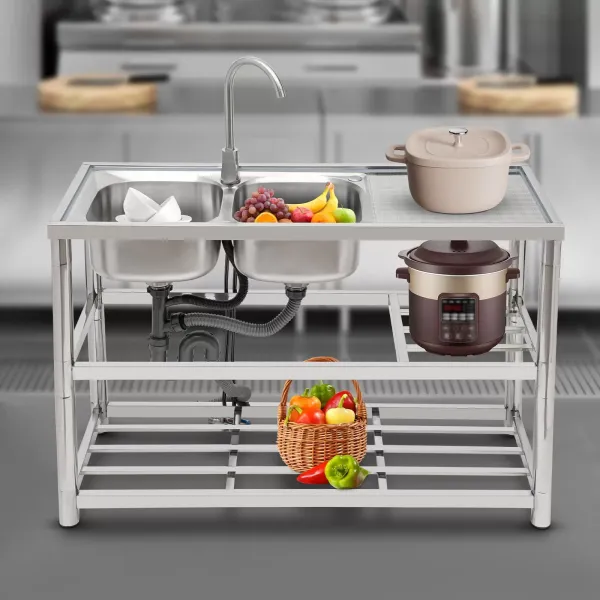 120 Left Double Basin Three Layers + Hot and Cold Water Faucet, Free Standing Commercial Kitchen Sink Set, Stainless Steel Sink