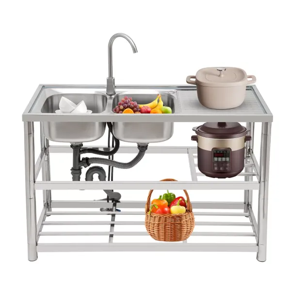 120 Left Double Basin Three Layers + Hot and Cold Water Faucet, Free Standing Commercial Kitchen Sink Set, Stainless Steel Sink