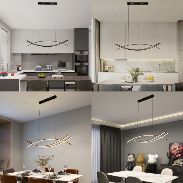 Lustre LED à ligne incurvée minimaliste, suspension linéaire, lustre LED à intensité variable, idéal pour l'îlot de cuisine, la salle à manger, le salon, la chambre à coucher