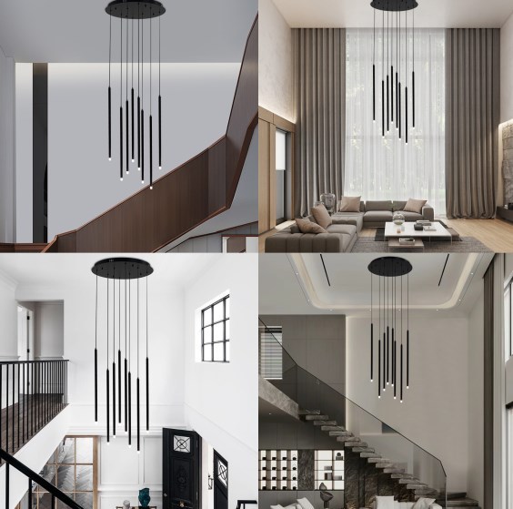 Suspension noire à 8 spots, suspension longue loft, lumière neutre