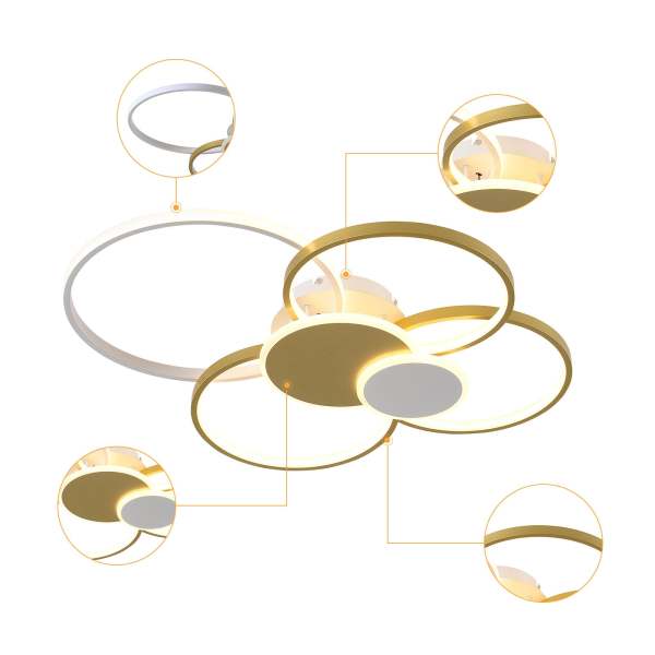 Plafonnier LED moderne 65W plafonnier LED dimmable avec télécommande 6 anneaux plafonnier encastré or