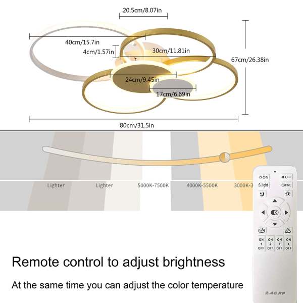 Plafonnier LED moderne 65W plafonnier LED dimmable avec télécommande 6 anneaux plafonnier encastré or