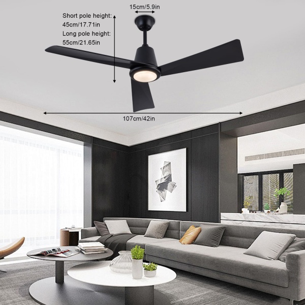 Lampe de ventilateur de plafond moderne 42 pouces avec télécommande, Lampe de ventilateur de plafond à deux voies, Trois températures de couleur (noir)
