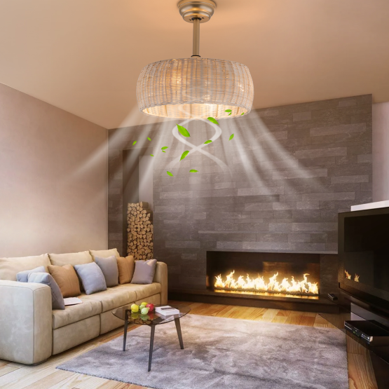 Ventilateur de plafond télécommandé 18,5" avec lumière, silencieux, rotin, 6 vitesses