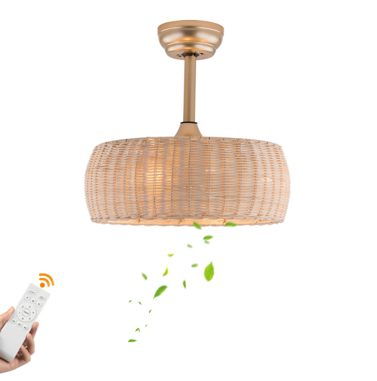 Ventilateur de plafond télécommandé 18,5" avec lumière, silencieux, rotin, 6 vitesses