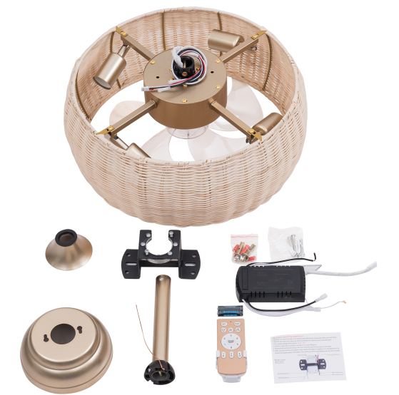 Ventilateur de plafond télécommandé 18,5" avec lumière, silencieux, rotin, 6 vitesses