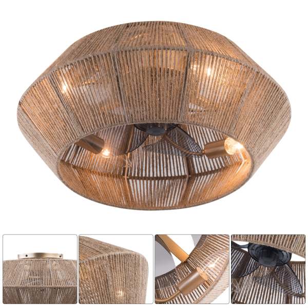 Ventilateur de plafond avec éclairage et télécommande, silencieux, ventilateurs de plafond avec éclairage, rotin, 6 vitesses de vent