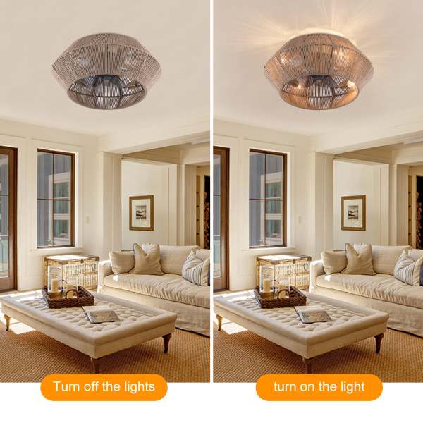 Ventilateur de plafond avec éclairage et télécommande, silencieux, ventilateurs de plafond avec éclairage, rotin, 6 vitesses de vent