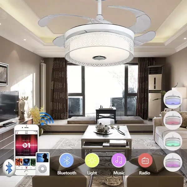 Ventilateur de plafond avec éclairage LED plafonnier à intensité variable avec haut-parleur Bluetooth