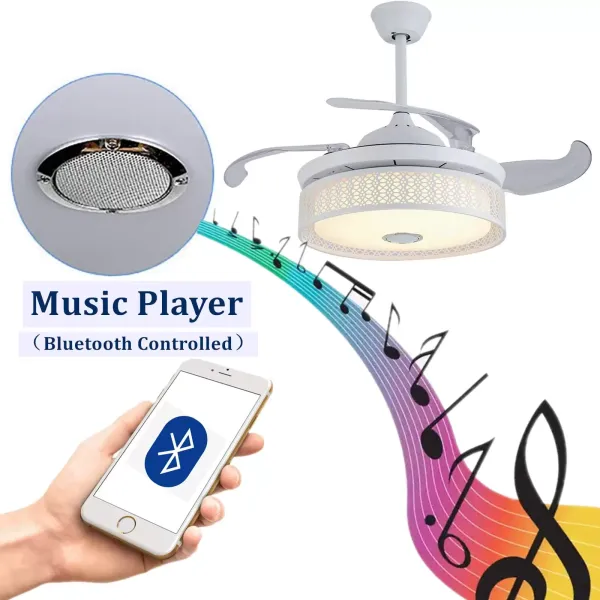 Ventilateur de plafond avec éclairage LED plafonnier à intensité variable avec haut-parleur Bluetooth
