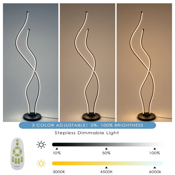 Lampadaire 51,18 pouces avec télécommande Lampe spirale Lampe de sol LED antirouille et durable pour salons Restaurants Noir