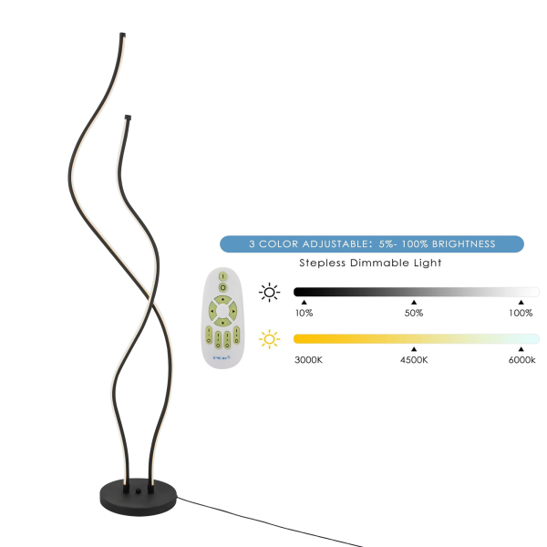 Lampadaire 51,18 pouces avec télécommande Lampe spirale Lampe de sol LED antirouille et durable pour salons Restaurants Noir