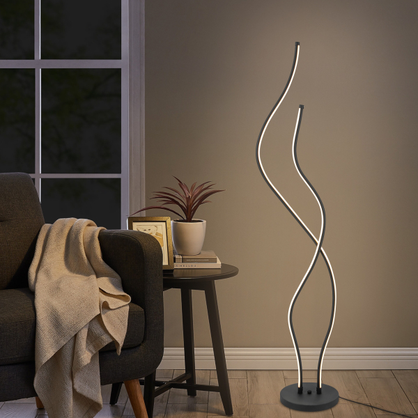 Lampadaire LED en spirale de 130 cm avec long cordon d'alimentation et base stable pour salons, restaurants, noir