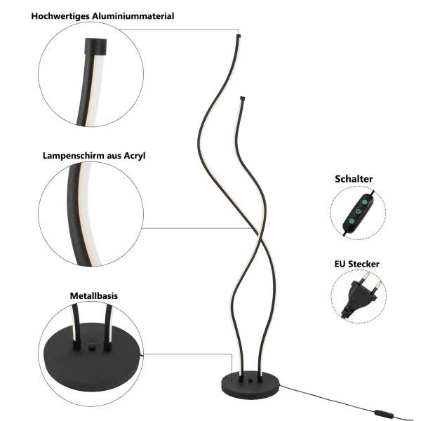 Lampadaire LED en spirale de 130 cm avec long cordon d'alimentation et base stable pour salons, restaurants, noir