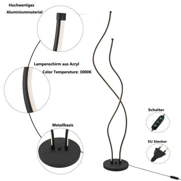 Lampadaire LED en spirale de 130 cm avec long cordon d'alimentation et base stable pour salons, restaurants, noir