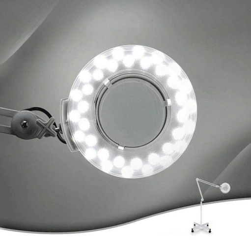 Lampe d'amplificateur LED 8 x luminosité, avec éclairage, lumière froide, lampe de maquillage, bras rotatifs, lentille d'amplification LED avec support et roues Lampe d'amplificateur LED 8 x luminosité, avec éclairage, lumière froide, lampe de maquillage, bras rotatifs, lentille d'amplification LED avec support et roues