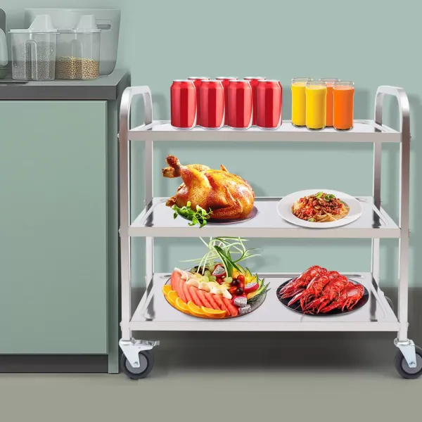 Chariot de restauration à 3 étages en acier inoxydable avec frein en acier inoxydable Taille S