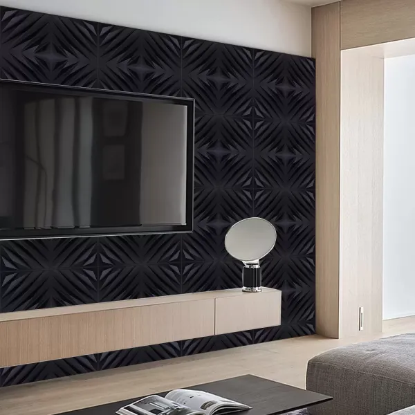 Lot de 12 panneaux muraux 3D - 50 x 50 cm - En PVC - Imperméables - Pour chambre à coucher, salon - Noir mat