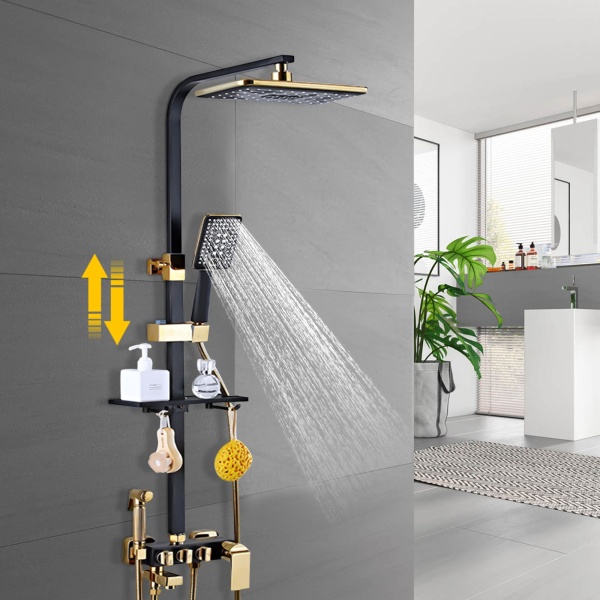 Ensemble de douche en acier inoxydable avec plateau, pommeau de douche avec tuyau et barre de douche réglable en hauteur