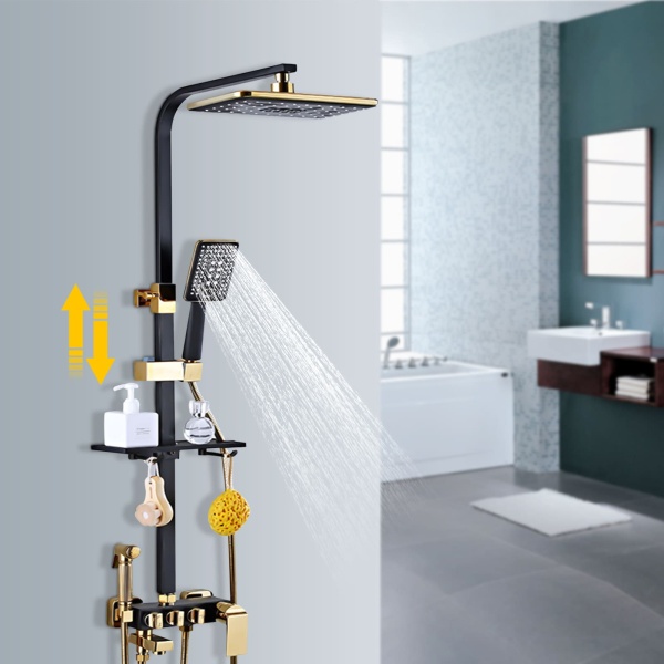 Ensemble de douche en acier inoxydable avec plateau, pommeau de douche avec tuyau et barre de douche réglable en hauteur