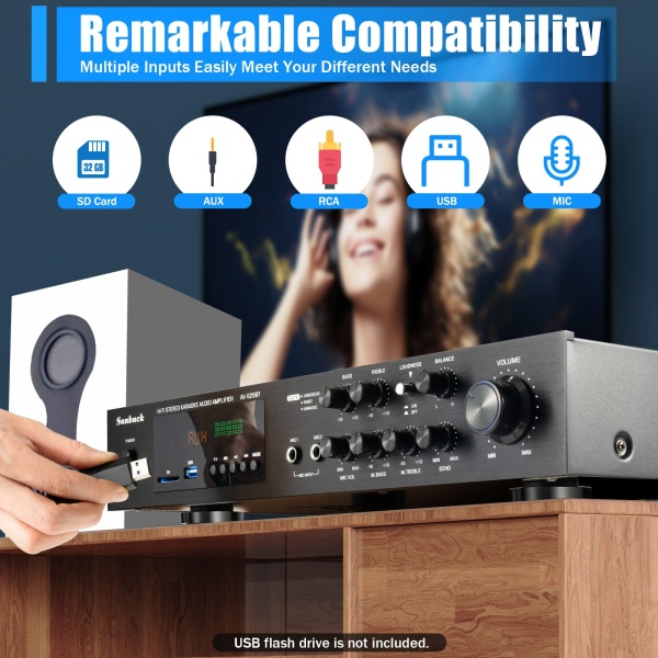 Mini amplificateur de puissance HiFi Bluetooth 600 W - Amplificateur numérique stéréo 4.2 FM / AM - Canal audio