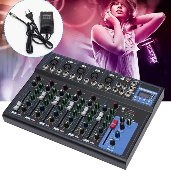 Table de mixage audio Bluetooth 7 canaux USB DJ Sound Console de mixage Phantom 48 V pour guitaristes, chanteurs ou producteurs