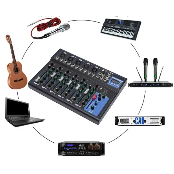 Table de mixage audio Bluetooth 7 canaux USB DJ Sound Console de mixage Phantom 48 V pour guitaristes, chanteurs ou producteurs