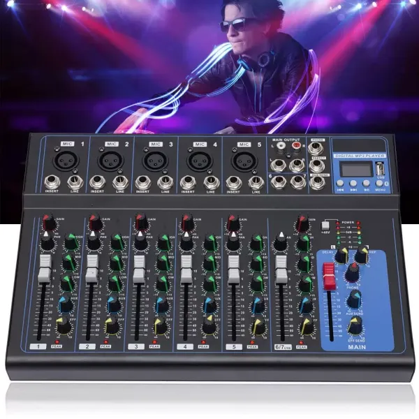Table de mixage audio Bluetooth 7 canaux USB DJ Sound Console de mixage Phantom 48 V pour guitaristes, chanteurs ou producteurs