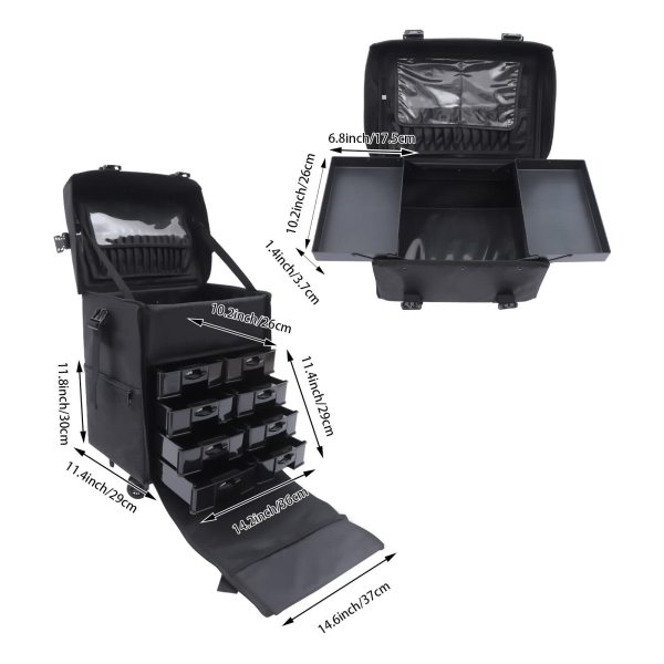 Mallette de maquillage à roulettes 2 en 1 grande valise de maquillage à roulettes avec boîte à ongles, Noir