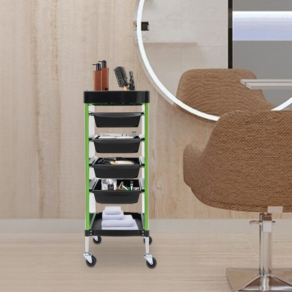 Chariot de salon, chariot de salon multifonction à 6 tiroirs, étagère de coiffure avec roulettes-vert