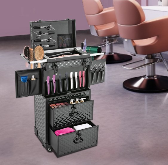 Trousse cosmétique à roulettes, trousse de coiffure, trousse de maquillage Trousse cosmétique à roulettes, trousse de coiffure, trousse de maquillage