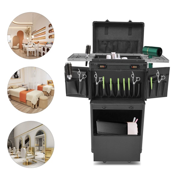 Organisateur cosmétique portable verrouillable, trousse de beauté à maquillage roulante, boîte à cosmétiques avec compartiments
