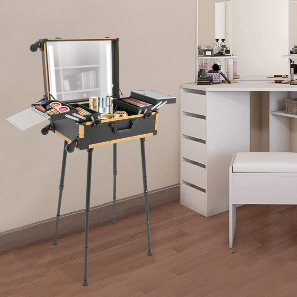 Trousse de maquillage professionnelle Trousse de maquillage de voyage avec miroir LED Noir Jaune