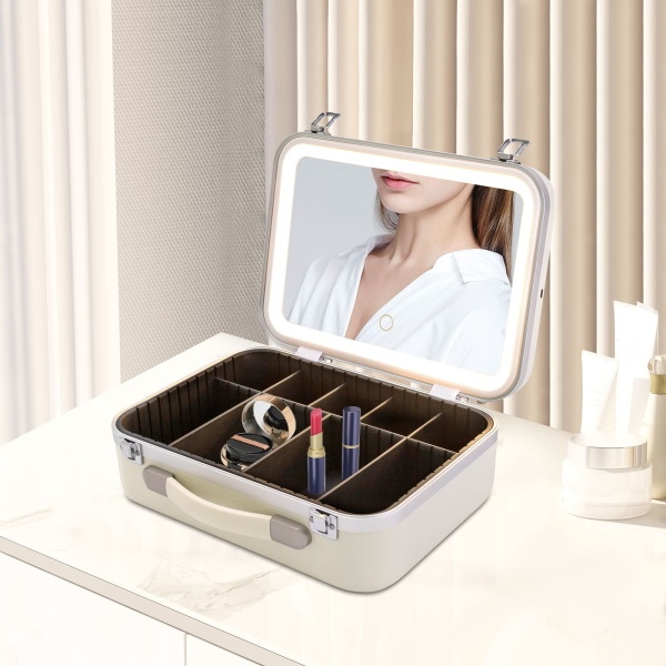 Organisateur de maquillage avec lumières et miroirs, boîte à cosmétiques portable, design bien pensé, facile à utiliser