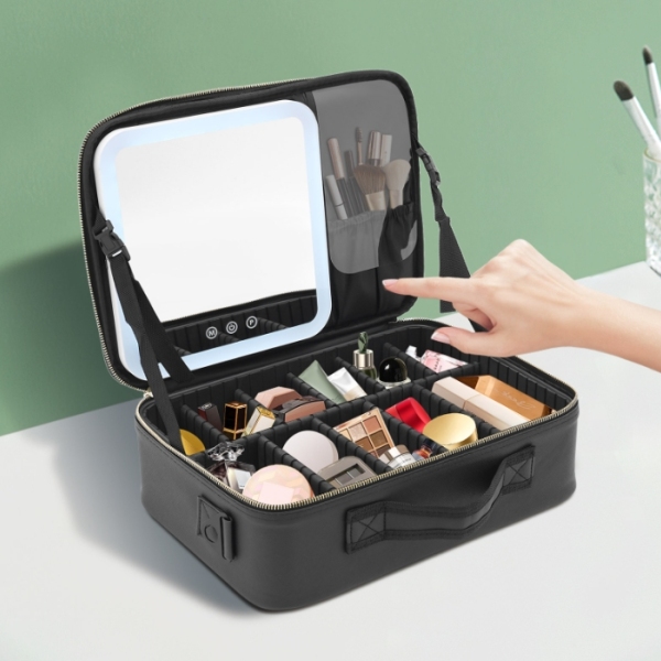 Trousse à cosmétiques, lumière de remplissage de miroir à lumière LED, étui de bureau de grande capacité, noir