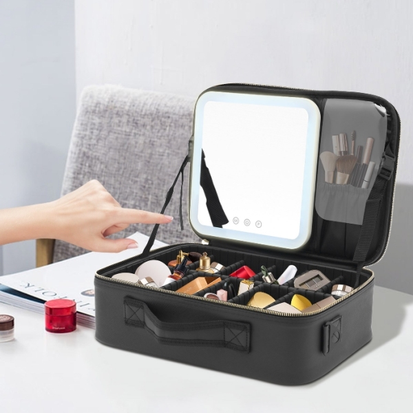 Trousse à cosmétiques, lumière de remplissage de miroir à lumière LED, étui de bureau de grande capacité, noir
