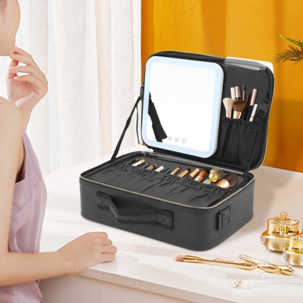 Trousse à cosmétiques, lumière de remplissage de miroir à lumière LED, étui de bureau de grande capacité, noir