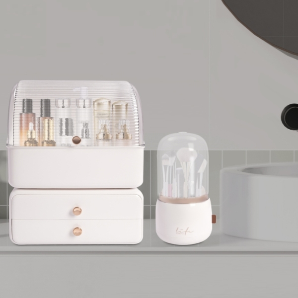 Ensemble 2 pièces de boîte de rangement pour cosmétiques (boîte de maquillage + tube de rangement pour pinceaux de maquillage) - blanc laiteux