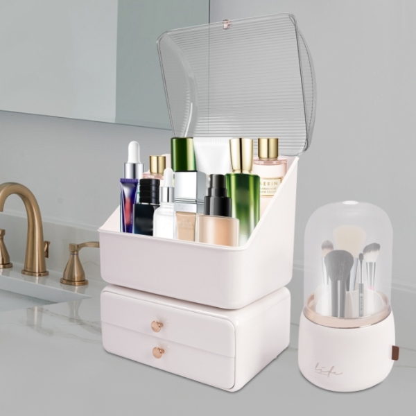Ensemble 2 pièces de boîte de rangement pour cosmétiques (boîte de maquillage + tube de rangement pour pinceaux de maquillage) - blanc laiteux
