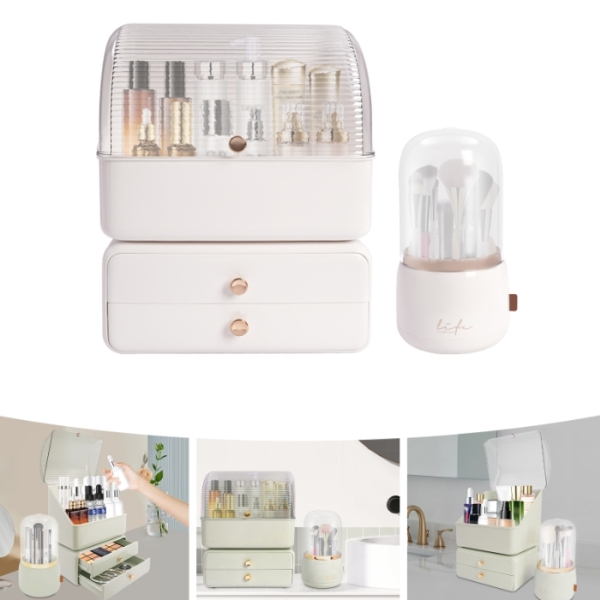 Ensemble 2 pièces de boîte de rangement pour cosmétiques (boîte de maquillage + tube de rangement pour pinceaux de maquillage) - blanc laiteux