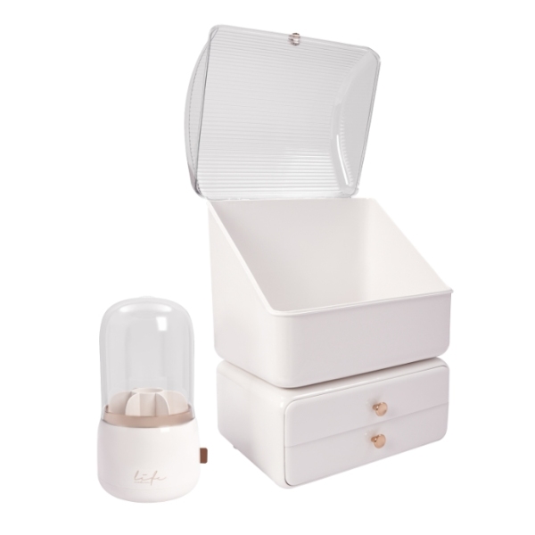 Ensemble 2 pièces de boîte de rangement pour cosmétiques (boîte de maquillage + tube de rangement pour pinceaux de maquillage) - blanc laiteux