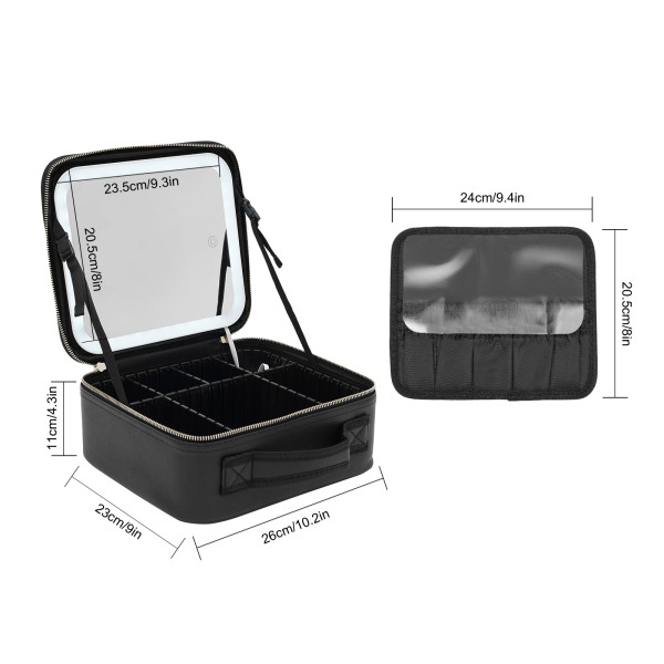 Trousse de maquillage de voyage avec miroir LED, compartiment à luminosité réglable, trousse de maquillage, blanc