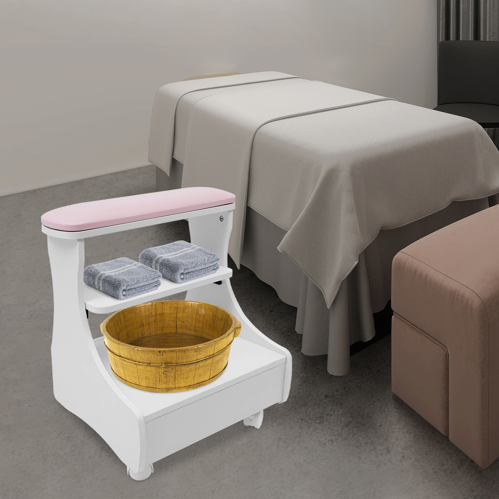 Repose-pieds à Roulettes Pour Pédicure EBANKU - Tabouret De Salon Mobile, Cuir PU Blanc, Avec Tiroir - 3