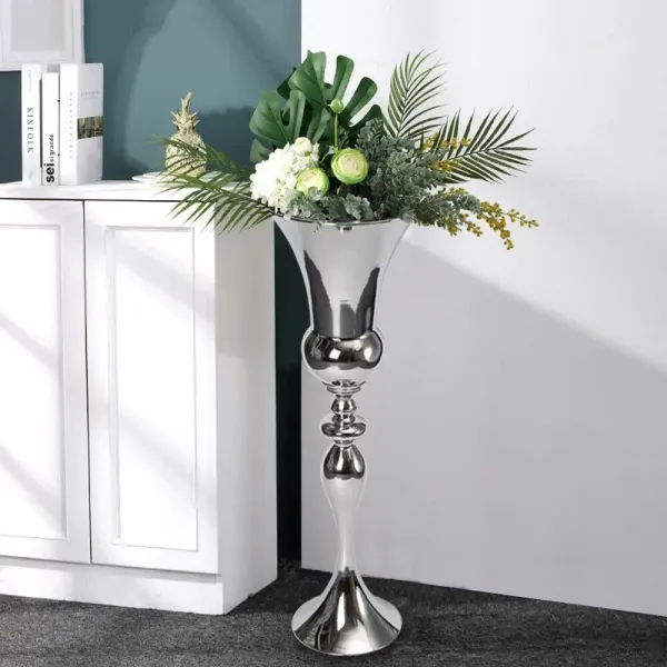 Vase décoratif moderne 74cm vase à fleurs vase de sol en métal argenté