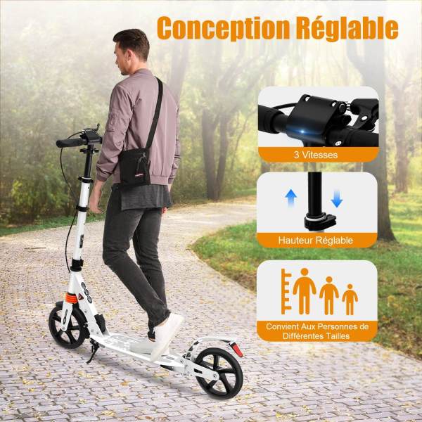 Trottinette pliable pour adulte jusqu'à 100 kg - Hauteur réglable (blanc)