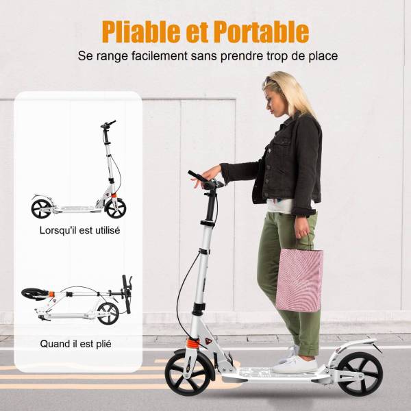Trottinette pliable pour adulte jusqu'à 100 kg - Hauteur réglable (blanc)