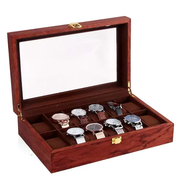 Coffret à Montres, Boîte pour Montres et Bracelets, Boîte à montres en bois à grilles multiples, doublure en velours, Rosewood Grain. (12 grilles)