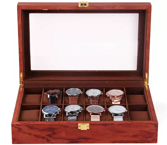 Coffret à Montres, Boîte pour Montres et Bracelets, Boîte à montres en bois à grilles multiples, doublure en velours, Rosewood Grain. (12 grilles)